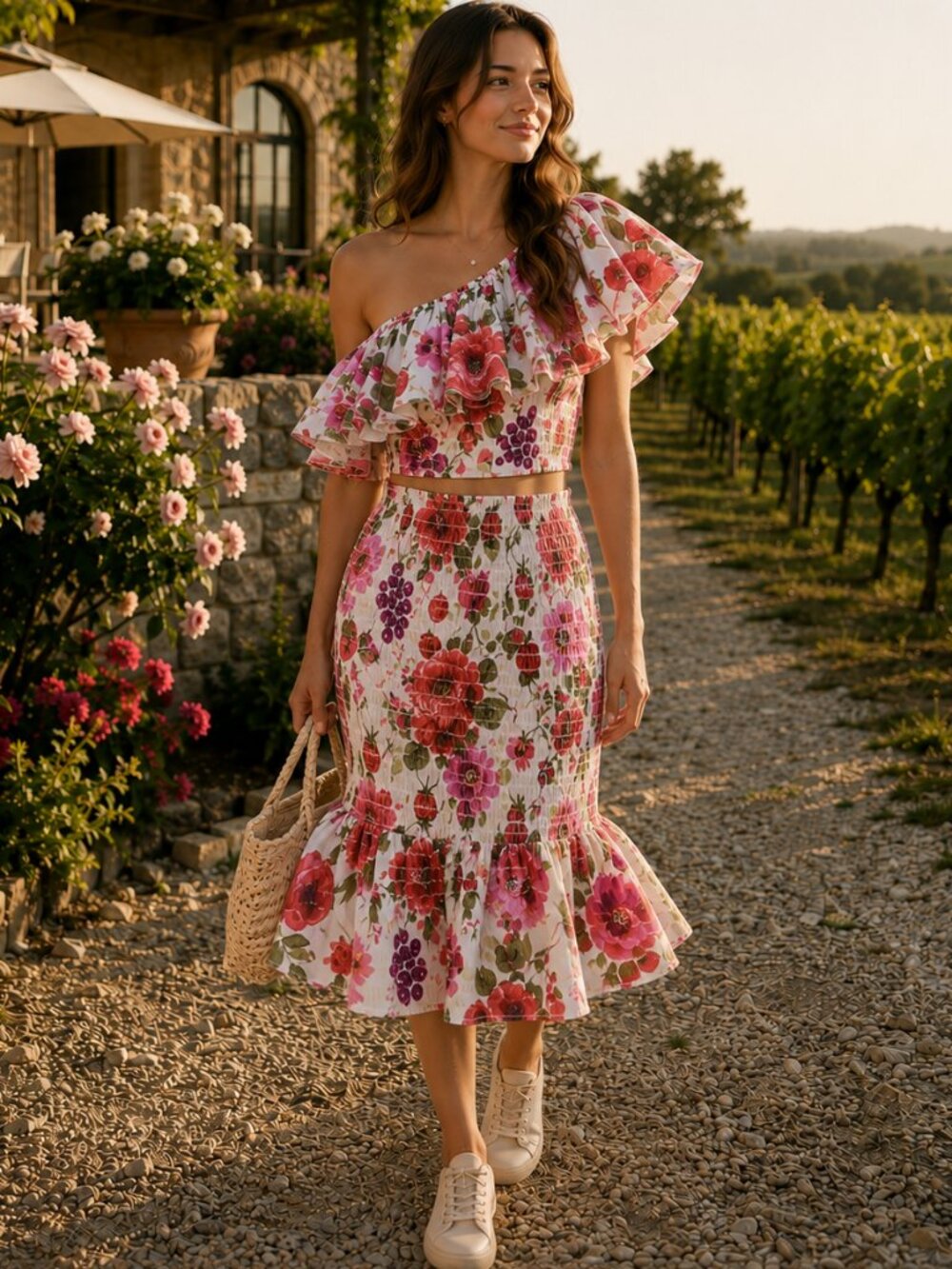 Abercrombie & Fitch Floral Two Piece Smocked Midi Skirt One Shoulder Set Size S